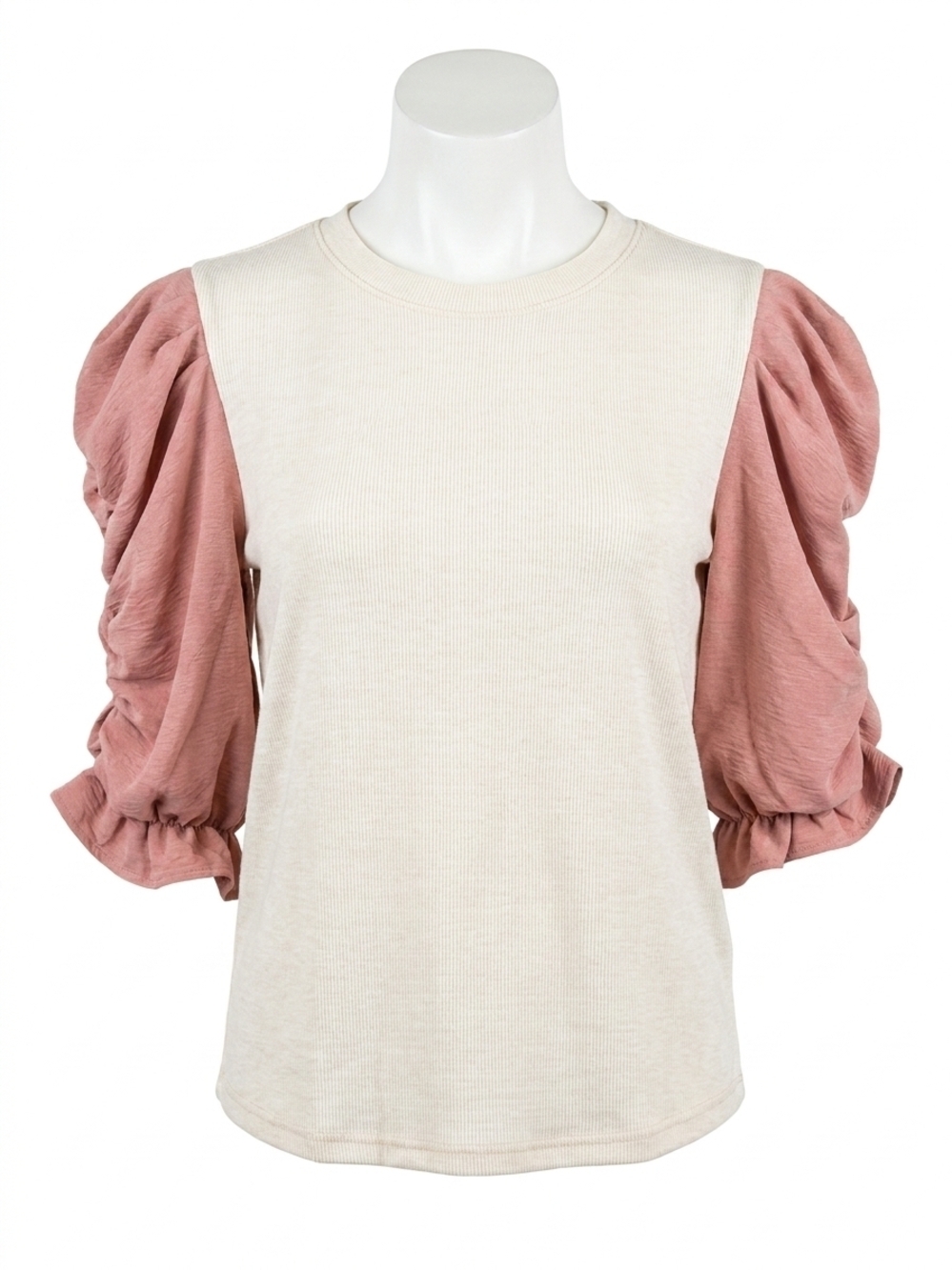 NEW VOY color block puff sleeve top in pink and white